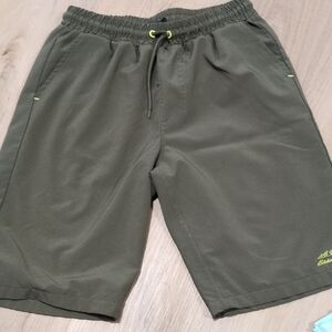 Eddie Bauer green shorts with neon yellow logo